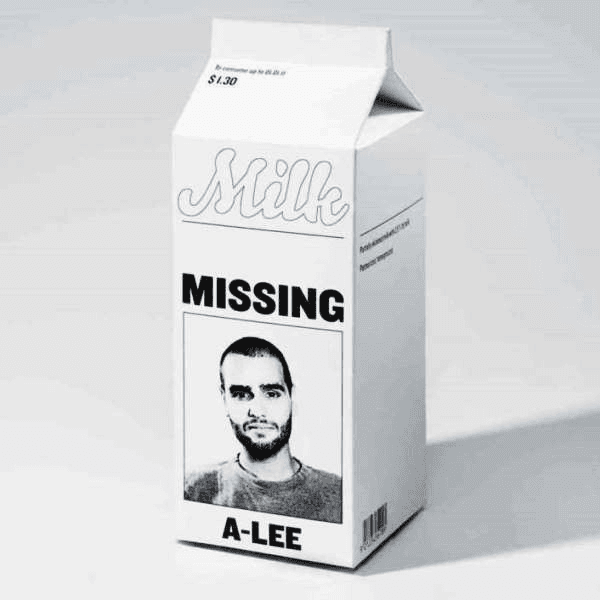 Cover for Missing. Bilde av melk med A-lee på.