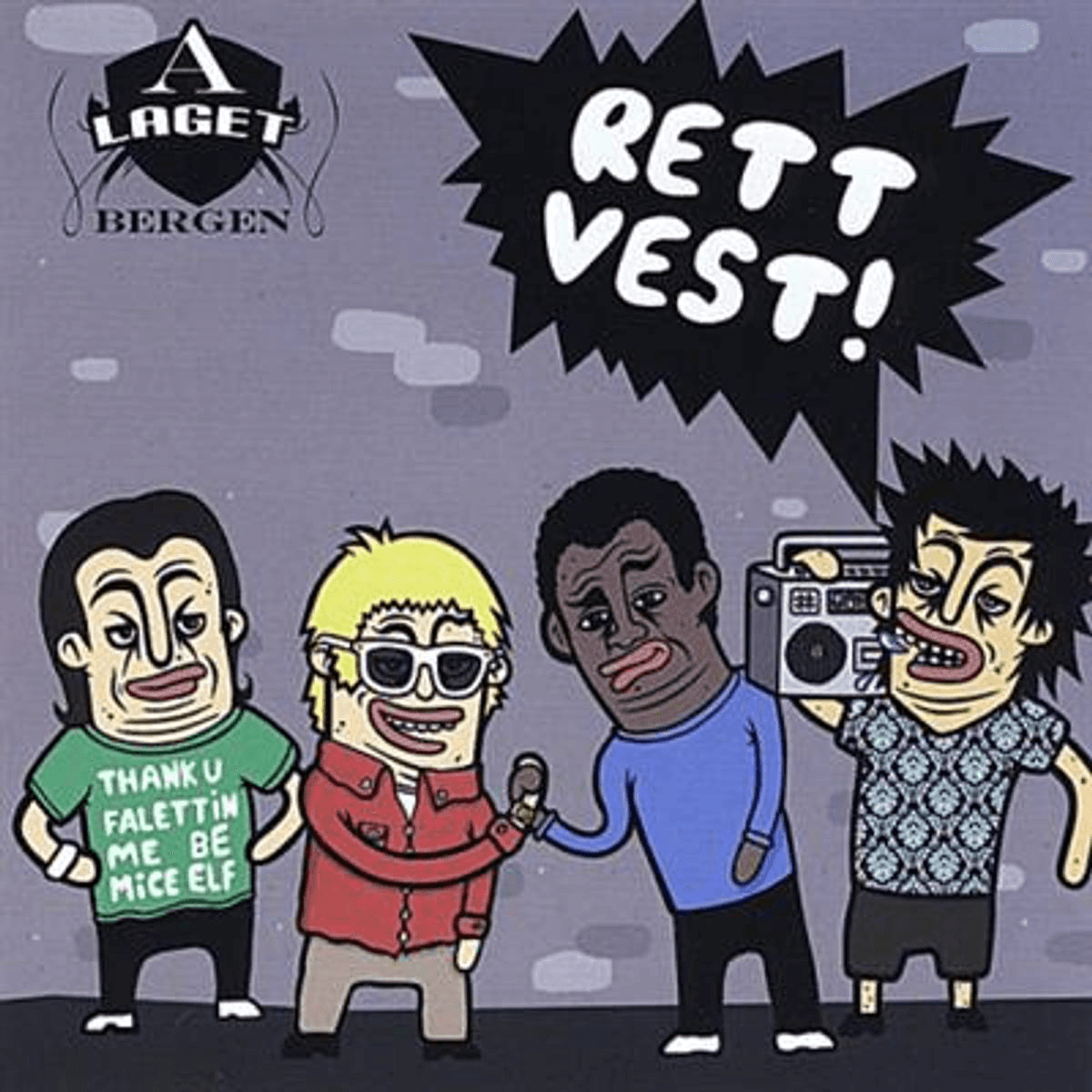 Cover for Rett Vest. Illustrasjon av bandmedlemmene.